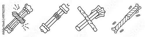 Four variations of stylized bone illustrations with binding or wrapping elements