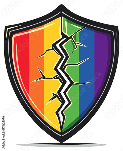 Broken Shield with Rainbow Colors, LGBTQ Pride, Cracked Symbol for Diversity, Vector Illustration