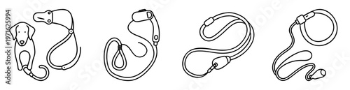 Minimalist line art illustration depicting various types of dog leashes and collars