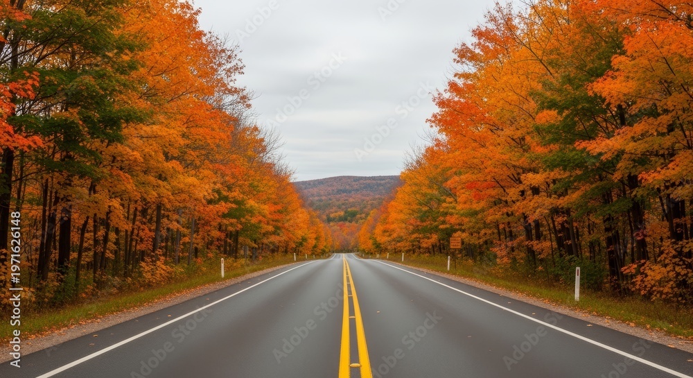 Fototapeta premium A scenic autumn drive on a tree-lined highway with vibrant orange foliage