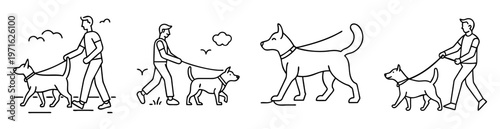 Four images of person walking dog with birds and cloud scene in outline