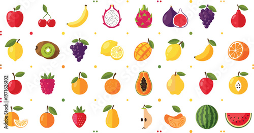 Colorful Exotic Fruit Vector Set with Dragon Fruit, Fig, Banana, Citrus, Papaya, Watermelon, Grapes and Tropical Elements for Fresh Food Illustration Design.