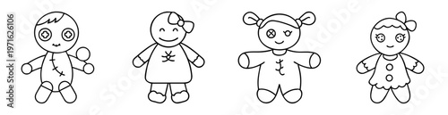 A quirky collection of four outline doodle dolls with unique features
