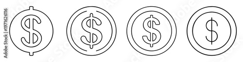 Four line drawing style coins in various shapes with dollar signs