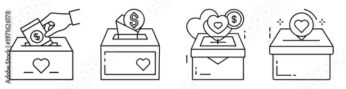Four different stylized donation boxes for charity, fund raising or social good