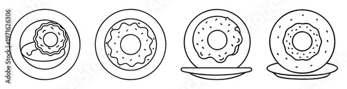 Four different donuts on plates drawn in a simple outline style
