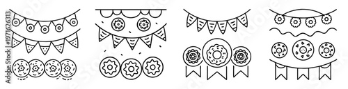 Four different styles of hanging bunting with circles, flowers and flags