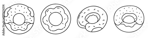 Four outline doughnut illustrations with sprinkles and decorative icing isolated on white