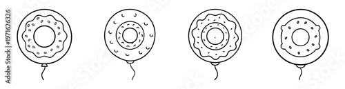 Black and white cartoon illustration of donut shaped balloons on strings