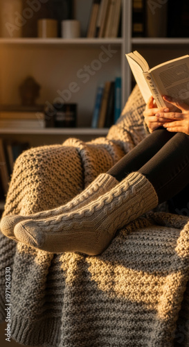 Person in wool socks reading book on cozy blanket
