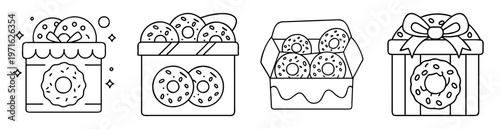 Assorted donut boxes with sweet baked treats, vector line art