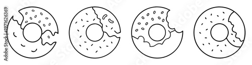 Graphic illustration of a bitten set of four donuts outlined in black