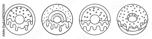 Four donut outline drawings with different toppings and dripping icing