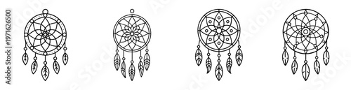 Four dream catchers with varied intricate geometric patterns and feather embellishments