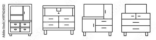 Outline Drawing of Furniture Various Cabinets and Dressers in Black and White