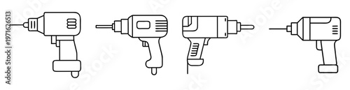 Four outlined power drill designs arranged horizontally on a white background