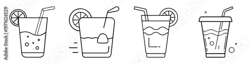 Line art illustration of four refreshing summer drinks with citrus garnish