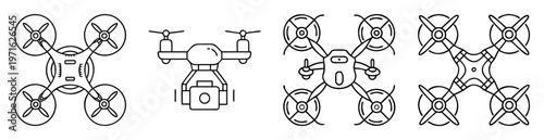 Four different stylized drone designs in black and white vector graphics