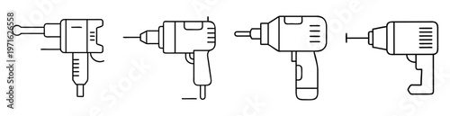Line art illustration of various power drill types in black and white