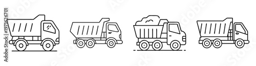 Outline Illustration Featuring Four Dump Trucks in Different Designs and Load Levels