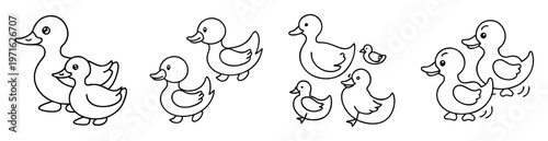 Black and white outline illustration of groups of ducks in different positions