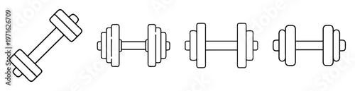 Black and white illustration showing a progression of dumbbell weight training exercises