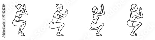 Four different depictions of the Utkatasana yoga pose with hands together