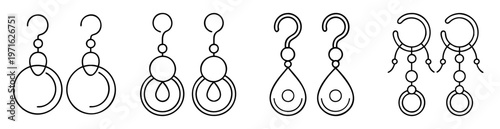 Stylized graphic illustration of several pairs of geometric outline dangle earrings
