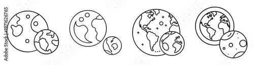 Outlined Earth and Moon Clipart Graphics Featuring Various Terrestrial Designs