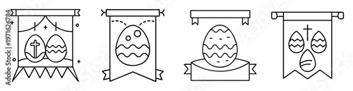 Four Decorative Easter Banners with Easter Eggs and Religious Symbols Line Art