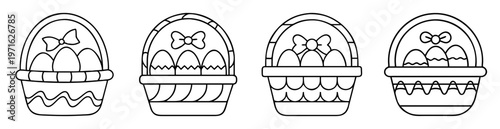 Four different outlined baskets with eggs and bows for Easter day