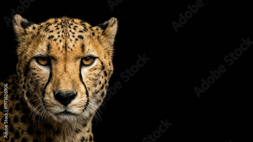 Portrait of a majestic cheetah head with an intense gaze on a black background. Sharp focus on spots and tear tracks with ample copy space for text on the right side