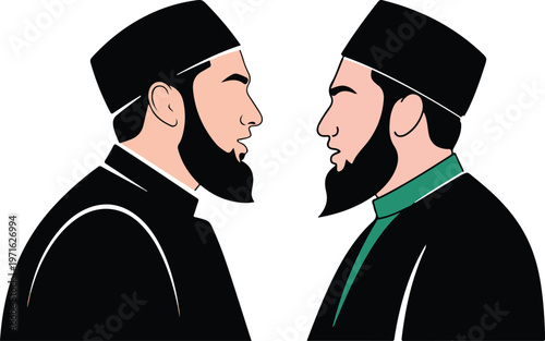 Muslim men vector illustration, bearded Islamic men wearing traditional kufi hats, religious male characters in profile view for Ramadan and Eid designs