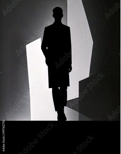 Silhouette of a man standing in a doorway with dramatic lighting.