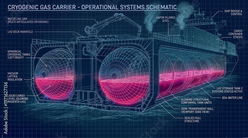 Cryogenic Gas Carrier Operational Schematic with Liquid Hydrogen Storage Tanks