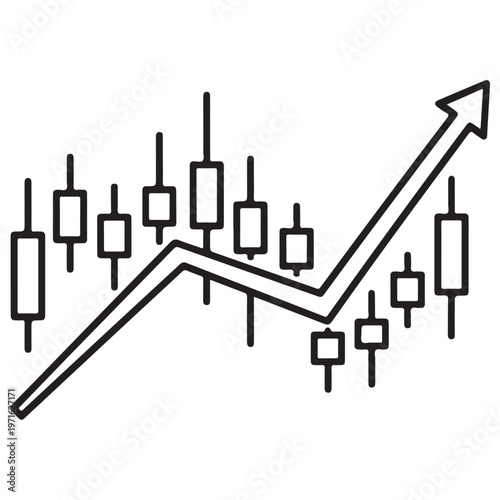 Minimalist black line art icon of a financial candlestick chart showing a bullish trend with a sharp upward arrow representing stock market growth, crypto trading, and investment success.