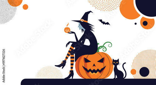 Spooky Halloween illustration of a witch silhouette sitting on a large carved pumpkin with a cat, a bat, and a small orange flame.