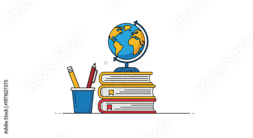Illustration of essential school supplies including a colorful globe on a stack of books and a pencil holder with various tools.