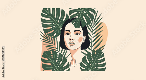 Stunning portrait illustration of a woman surrounded by various green tropical leaves such as monstera and palm for beauty and nature.