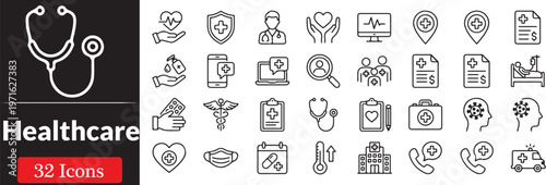 Healthcare and Medical Line Icons Set ? Hospital, Doctor, Telemedicine, Insurance, Emergency Vector Collection.