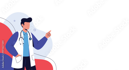Illustration of a male doctor wearing a white coat and a stethoscope pointing towards the side on a colorful abstract background.