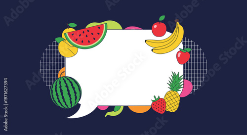 Fruit-themed border with a white speech bubble in the center surrounded by watermelon, banana, pineapple, and various colorful berries.