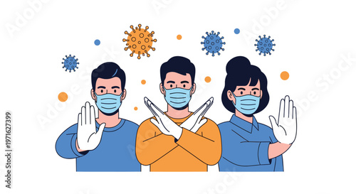 Illustration of three people wearing face masks and making stop gestures with their hands to fight against the spread of coronavirus.