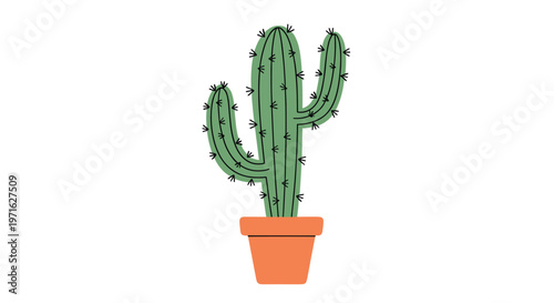 Green prickly cactus plant growing in a simple terracotta clay pot isolated on a clean white background for home decor.