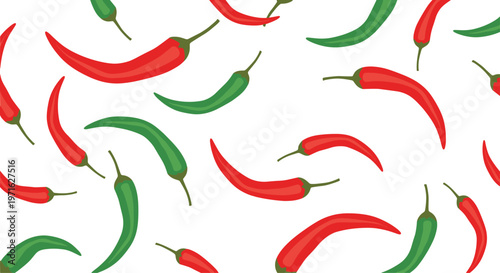 Seamless pattern of spicy red and green chili peppers scattered randomly on a plain white background for culinary designs.
