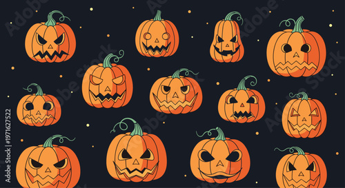 Collection of spooky carved halloween pumpkins with different scary expressions on a dark background with stars and dots.