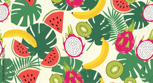 Colorful seamless pattern featuring dragon fruit watermelon banana kiwi and monstera leaves on a light cream background.