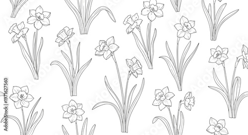 Seamless pattern of hand drawn narcissus daffodil flowers in black and white line art style for elegant spring decoration.