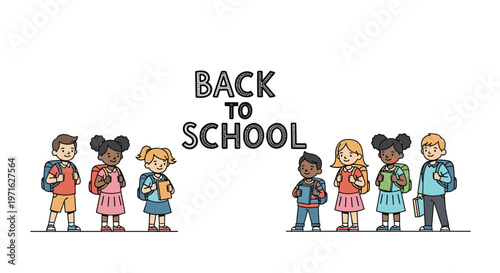 Diverse group of young students standing together with their backpacks and books for the back to school season message.