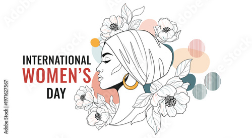 Beautiful profile of a woman wearing a hijab surrounded by blooming flowers for International Womens Day celebration graphic.